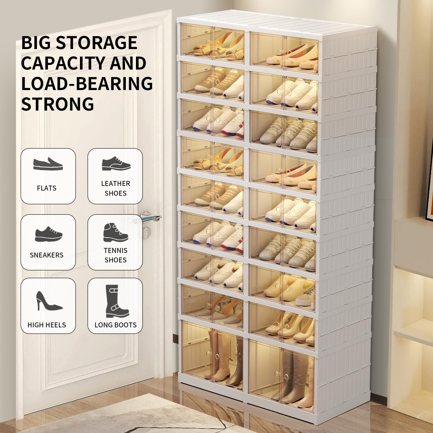 9 Tier Foldable Shoe Rack Organizer for Closet 18-36Pairs Plastic Collapsible Shoe Shelf for front door entrance Stackable Clear Folding Shoes Storage Boxes Tall Shoe Cabinet
