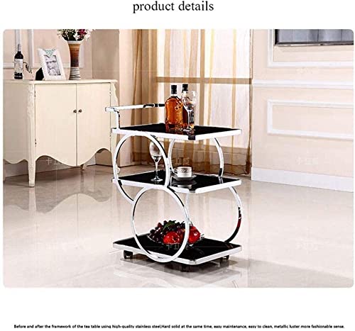 Bar Cart - Rolling Kitchen Carts for Home Hotel, Drinks Trolley Delivery Car Tempered Glass Wine Cart Mobile Dining Car Ring Design Stainless Steel(Stainless Steel)