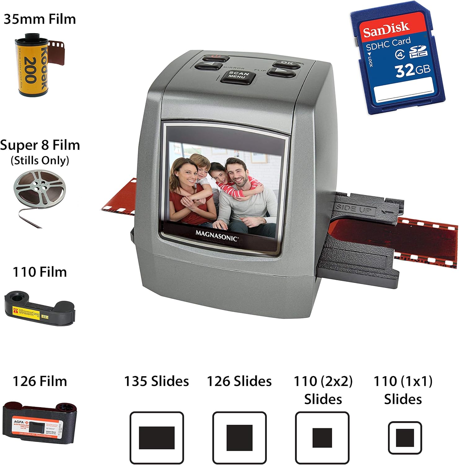 Magnasonic All-in-One High Resolution 22MP Film Scanner, Converts 35mm/126KPK/110/Super 8 Films, Slides, Negatives into Digital Photos, Vibrant 2.4 LCD Screen, Impressive 128MB Built-in Memory