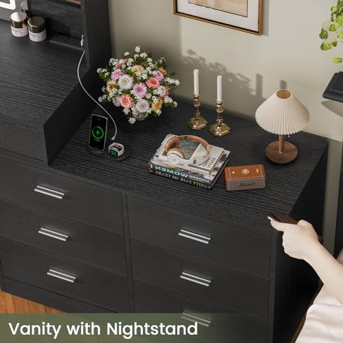 Quimoo 65.9" Vanity Desk with LED Lighted Mirror & Power Outlet, Modern Corner Makeup Vanity Table with 8 Drawers & Open Shelves, Dressing Table for Bedroom, Makeup Room