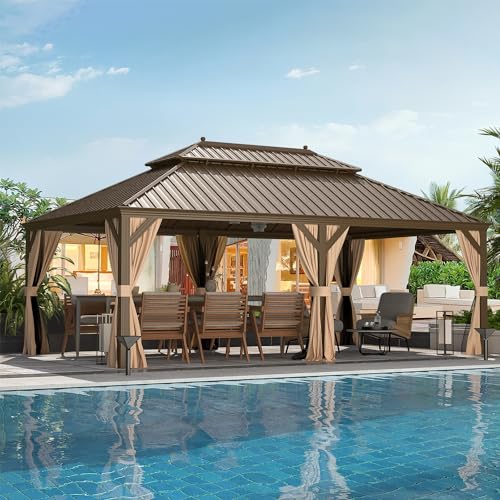MELLCOM 12'x16' Hardtop Gazebo, Galvanized Steel Metal Double Roof Canopy with Curtains and Netting, Brown Permanent Pavilion Gazebos with Aluminum Frame for Garden, Patio, Lawns, Deck