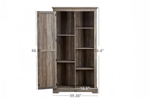 Farmhouse Wooden Tall Storage Cabinet Barn Door Pantry Kitchen Storage Furniture Home Drawer Rack with Doors and Open Shelves for Kitchen Living Room Bedroom (Gray Wash)
