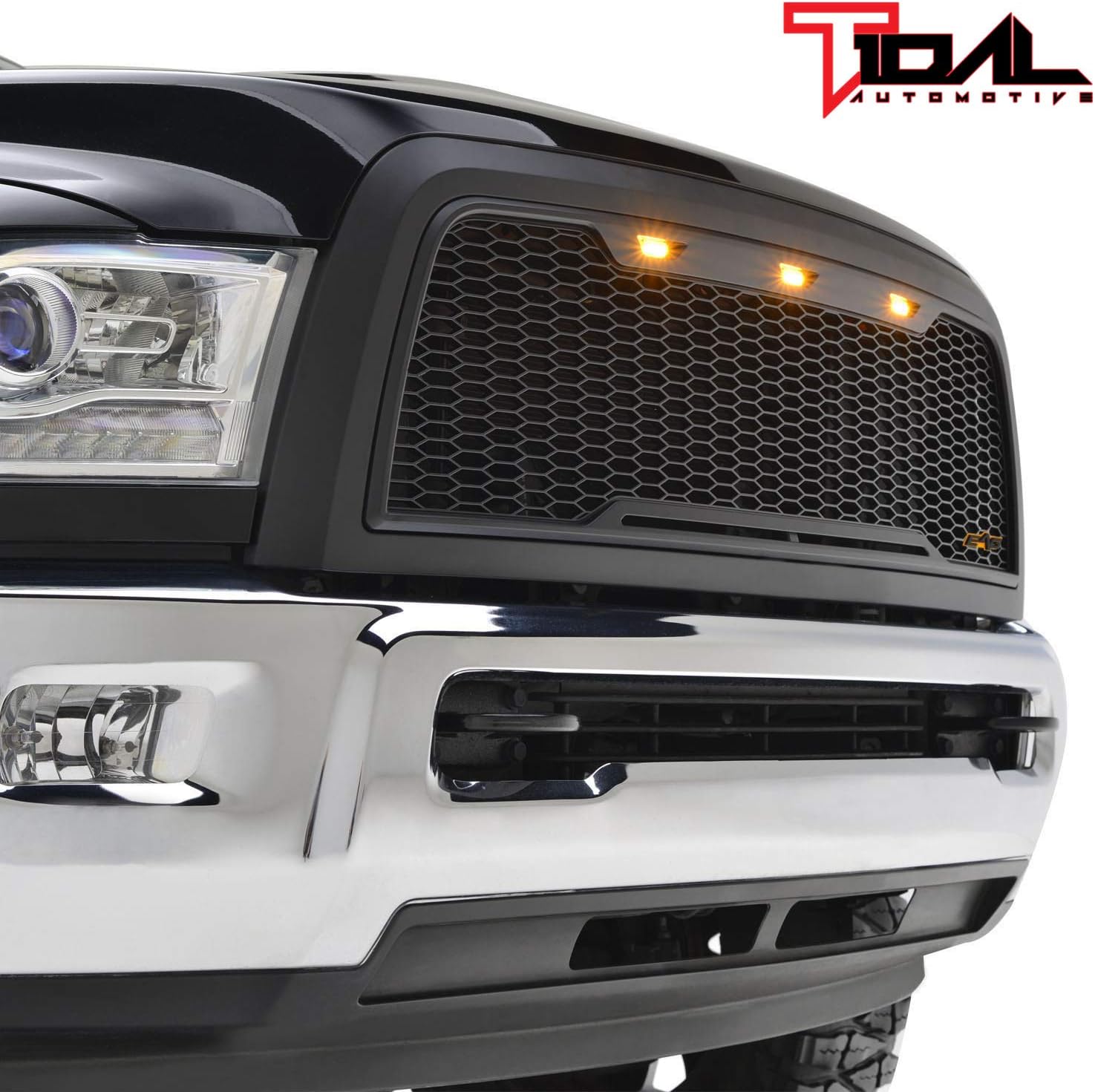 Tidal Replacement Ram ABS Upper Grille Front Hood Grill - Matte Black - With Amber LED Lights for 10-12 Ram 2500/3500 Heavy Duty