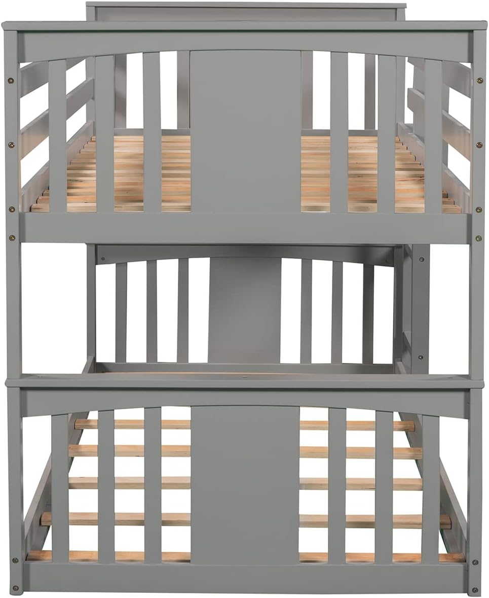 Twin Bunk Beds Low Bunk Bed Frame Wood Twin over Twin Bunkbed for Kids Toddlers Boys Girls Bedroom, Gray