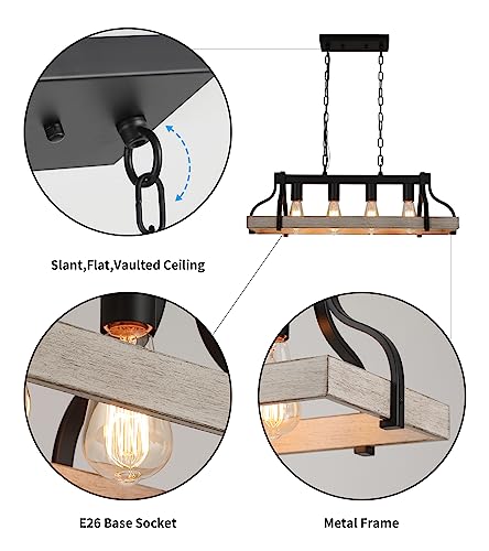 Rustic Kitchen Island Dining Room Light Fixture Farmhouse Linear Chandelier Black and Retro Wood Finish 4-Light Industrial Metal Hanging Pendant Light UL Listed L28.3 W10.6