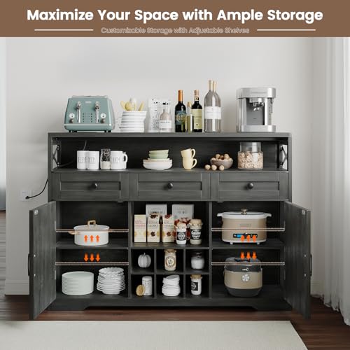 55" Sideboard Buffet Cabinet with Storage, Large Kitchen Storage Sideboard with Drawers & Doors, Modern Wood Farmhouse Coffee Bar Cabinet, Buffet Table for Kitchen, Dining Room, Living Room, White