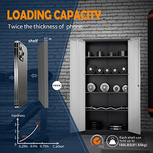 Yizosh Metal Garage Storage Cabinet with 2 Doors and 5 Adjustable Shelves - 71" Steel Lockable File Cabinet,Locking Tool Cabinets for Office,Home,Garage,Gym,School (Gray White)