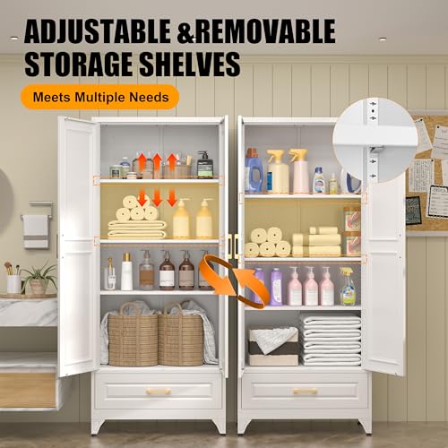 71" Tall Metal Storage Cabinet, Kitchen Pantry Storage Cabinets with Doors and 4 Shelves, White Pantry Cabinet, Utility Kitchen Cupboard, Large Steel Cabinets for Dining Room, Office, Living Room