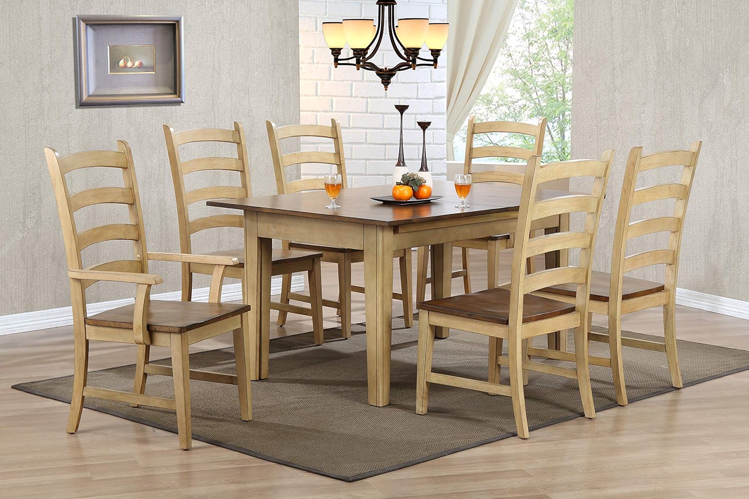 Sunset Trading Brook Dining Table, Distressed two tone light creamy wheat with warm pecan finish top