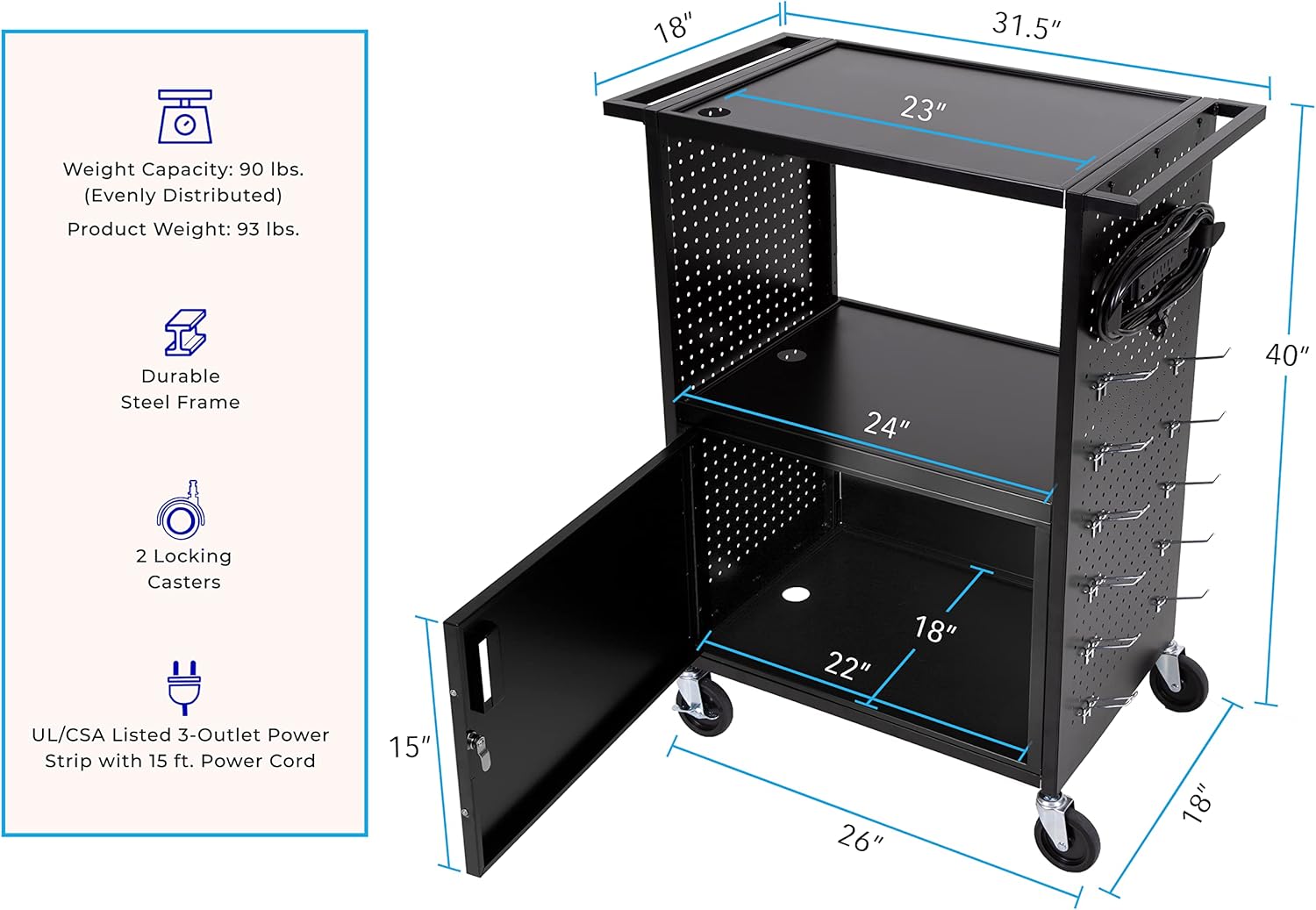 Line Leader Stellar AV Cart | Computer Cart with Pegboard Siding & 12 Hooks for Customizable Storage | Locking Cabinet & Pullout Keyboard Tray | UL Safety Certified Power Outlets | Locking Wheels