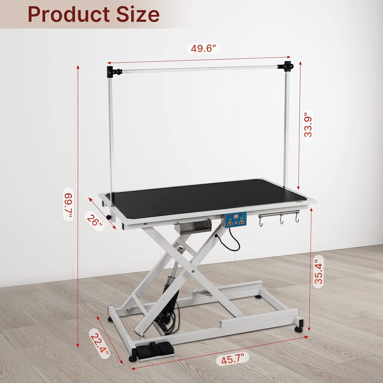 Electric Lift Pet Dog Grooming Table Hydraulic Grooming Table with Adjustable H-Shape Arms and Protective Feet, Heavy Duty Height Adjustable with Overhead Arm, Clamps, and Two Grooming Nooses