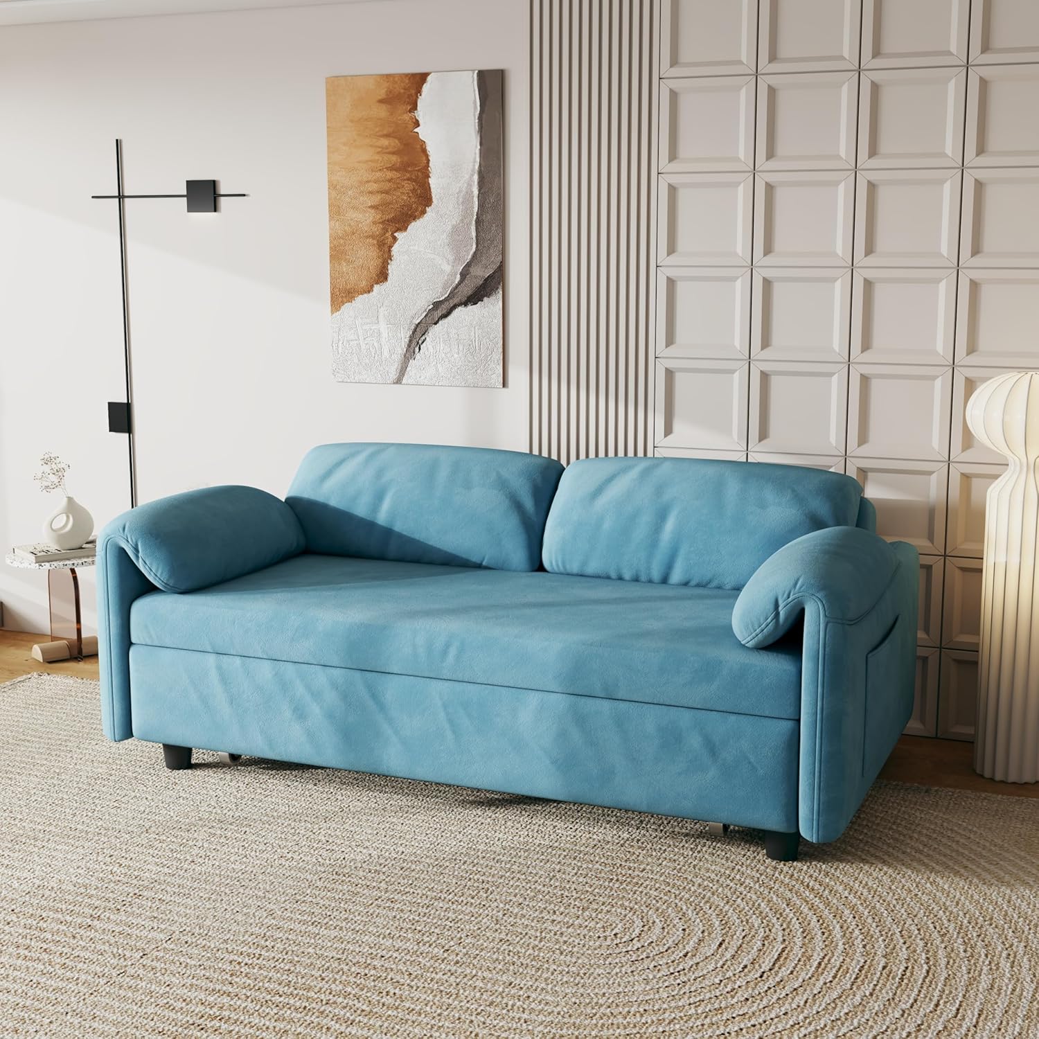 Convertible Sleeper Sofa with Pullout Bed, Upholstered Velvet Mini Couch w/Adjsutable Backrest & Side Pockets, 54" W Modern Sofa&Couches Futon Loveseat Single Recliner for Small Space, Blue