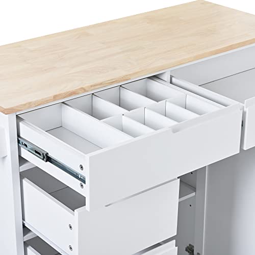 Utility Kitchen Island with Storage Cabinet on Wheels,Wooden Rolling Kithcen Island Cart with 8 Drawers, Rubber Wood Countertop, Spice and Towel Racks, Adjustable Shelves, White
