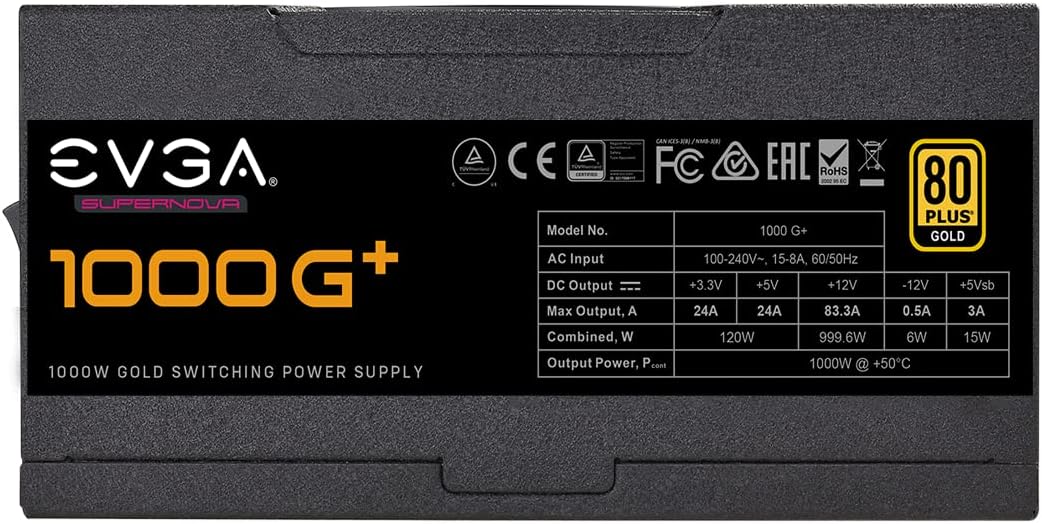 EVGA SuperNOVA 1000 G+, 80 Plus Gold 1000W, Fully Modular, FDB Fan, 10 Year Warranty, Includes Power ON Self Tester, Power Supply 120-GP-1000-X1,Black