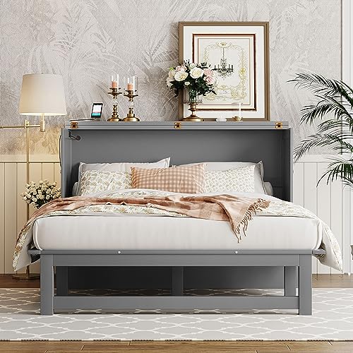 XD Designs Modern Full Size Murphy Bed with Cabinet and Drawers, Traditional Solid Wood Murphy Bed Chest, Can be Folded into a Wardrobe, Storage Platform Bed Wall Bed, Space-Saving Design