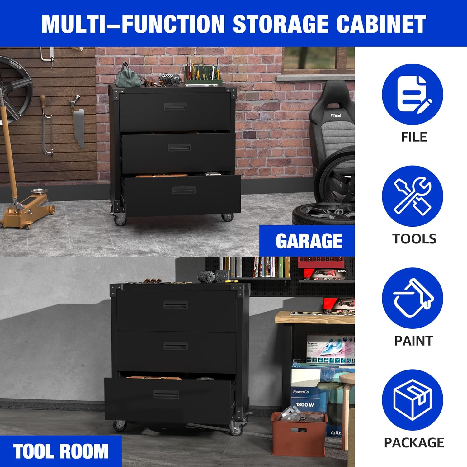 Aobabo 3 Drawer Metal Storage Cabinet with Wheels, Black Garage Storage Cabinet for Garage Home Office Business Storage,Assembly Required
