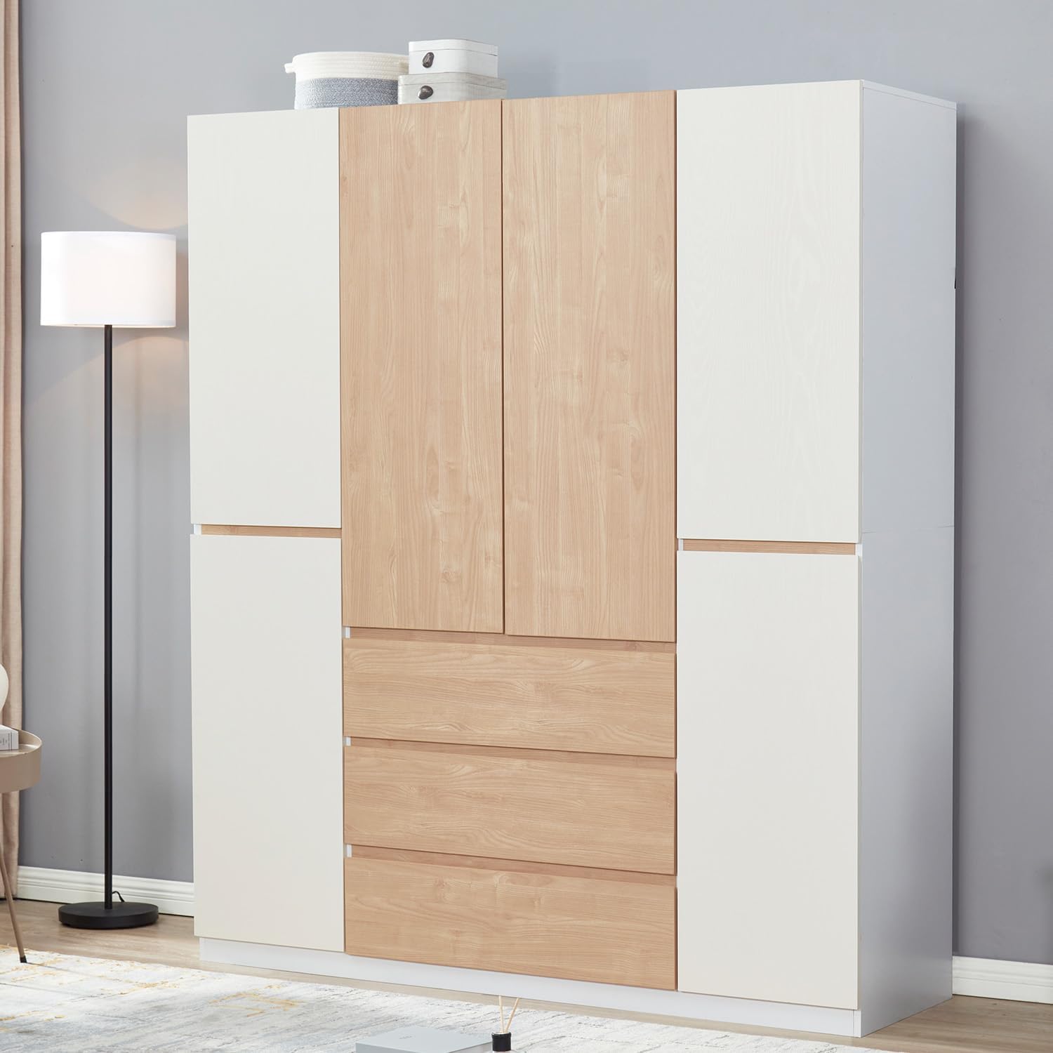 e Armoire Wardrobe Closet 4 Doors, White Wooden Bedroom Closet Freestanding, Clothes Storage Closet Bedroom Armoires, Wood Wardrobe Storage Closet Cabinet with Hanging Rod Shelf Drawers