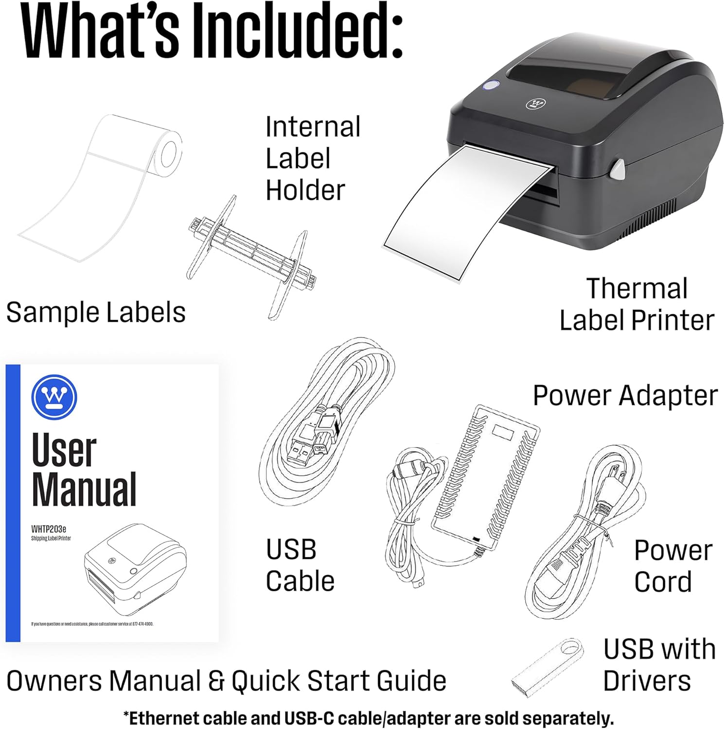 Westinghouse Direct Thermal Label Printer USB, Commercial grade, Compatible with USPS, UPS, FedEx, eBay, Shopify, Amazon, & More, Desktop Label Printer for Packages, includes Sample 4x6 Labels