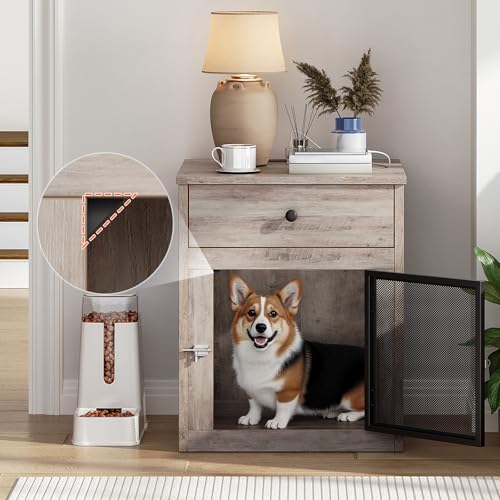 HOOBRO Dog Crate Furniture, Dog Kennel with Drawer and Charging Station, Indoor Decorative Puppy House, Wooden Pet Crate End Table for Small Dogs, Rustic Brown and Black BF58UGW03G1