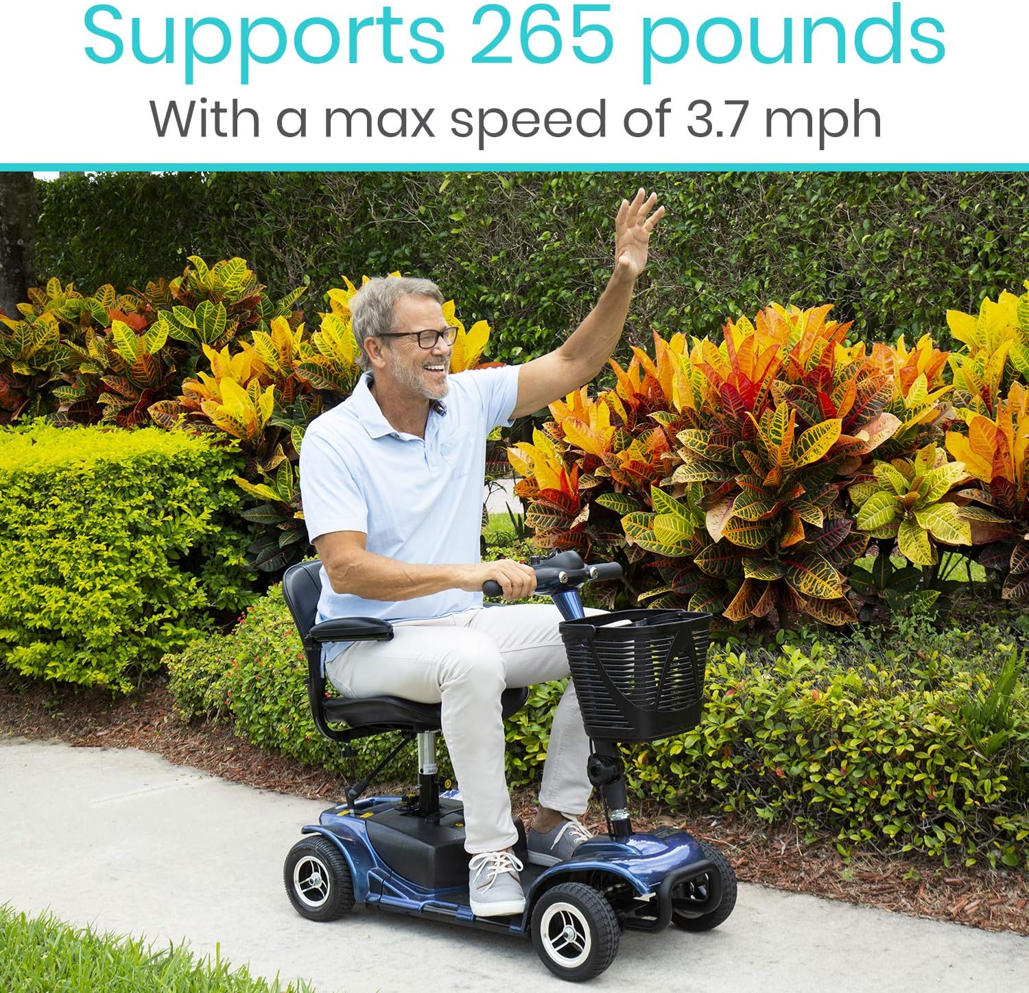 Vive 4 Wheel Mobility Scooter - Electric Powered Wheelchair Device - Compact Heavy Duty Mobile for Travel, Adults, Elderly - Long Range Power Extended Battery with Charger and Basket Included