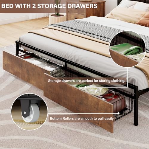 Full Bed Frame with 2 Storage Drawers, 2-Tier Storage PU Headboard with Charging Station& LED Lights, Metal Platform Bed/No Box Spring Needed/Noise Free/Black