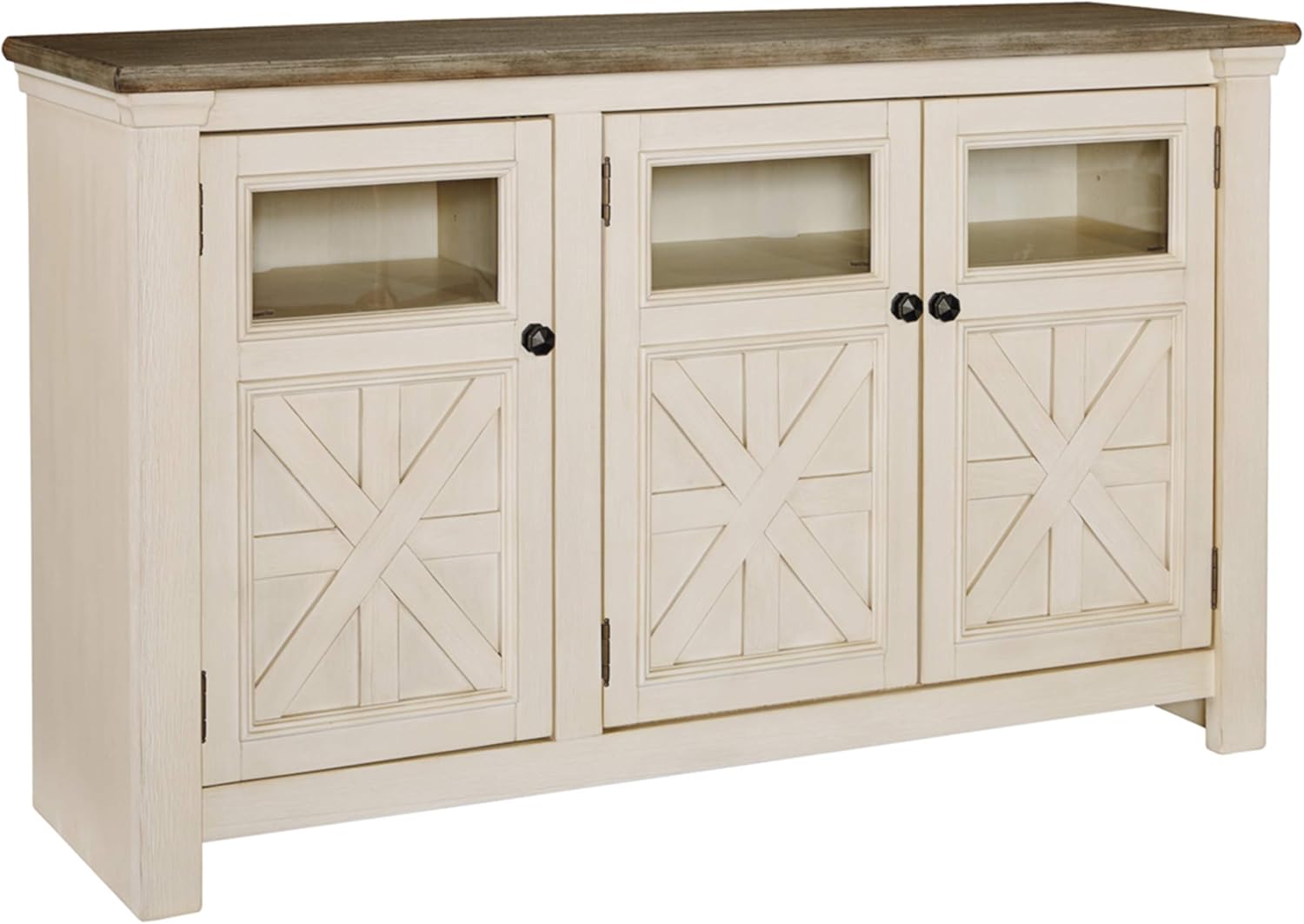 Signature Design by Ashley Bolanburg Two Tone Farmhouse TV Stand, Fits TVs up to 72, 3 Cabinets and Adjustable Storage Shelves, Whitewash