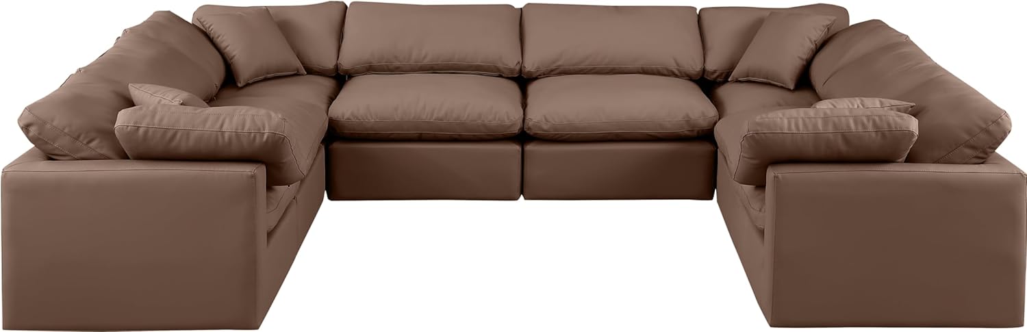 Meridian Furniture Indulge Collection Modern | Contemporary Sectional with Soft Durable Vegan Leather, Fiber-Filled Cushions, Modular, 140" W x 105" D x 32" H, Brown
