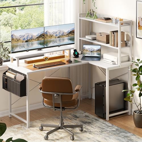 Homieasy L Shaped Computer Desk with Bookshelf, 47 Inch Reversible Corner Gaming Desk with Charging Station & Led Light, Home Office Desk with Hutch Monitor Stand Storage Shelves Bag, Black Oak