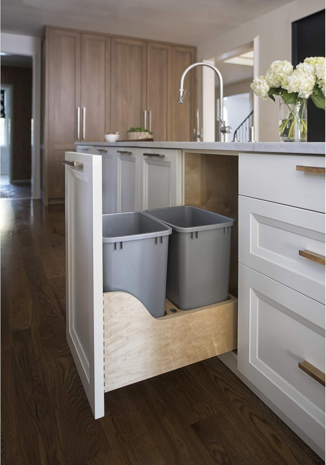 Rev-A-Shelf 4WCSC-1835DM-2 Double 35-Quart Maple Bottom Mount Kitchen Pullout Waste Container Trash Can with Blumotion Soft-Close Slides, Silver