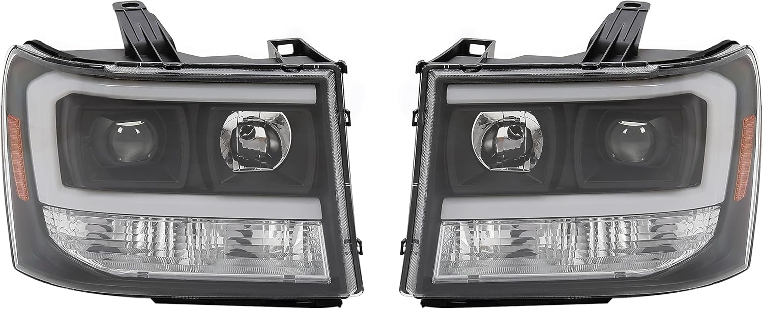 HECASA LED Projector Headlights Compatible with 2007-2014 GMC Sierra 1500 2500HD 3500HD LED Tube Bar Replacement for GM2502283 GM2503283 Headlamps Assembly Clear Lens Black Housing