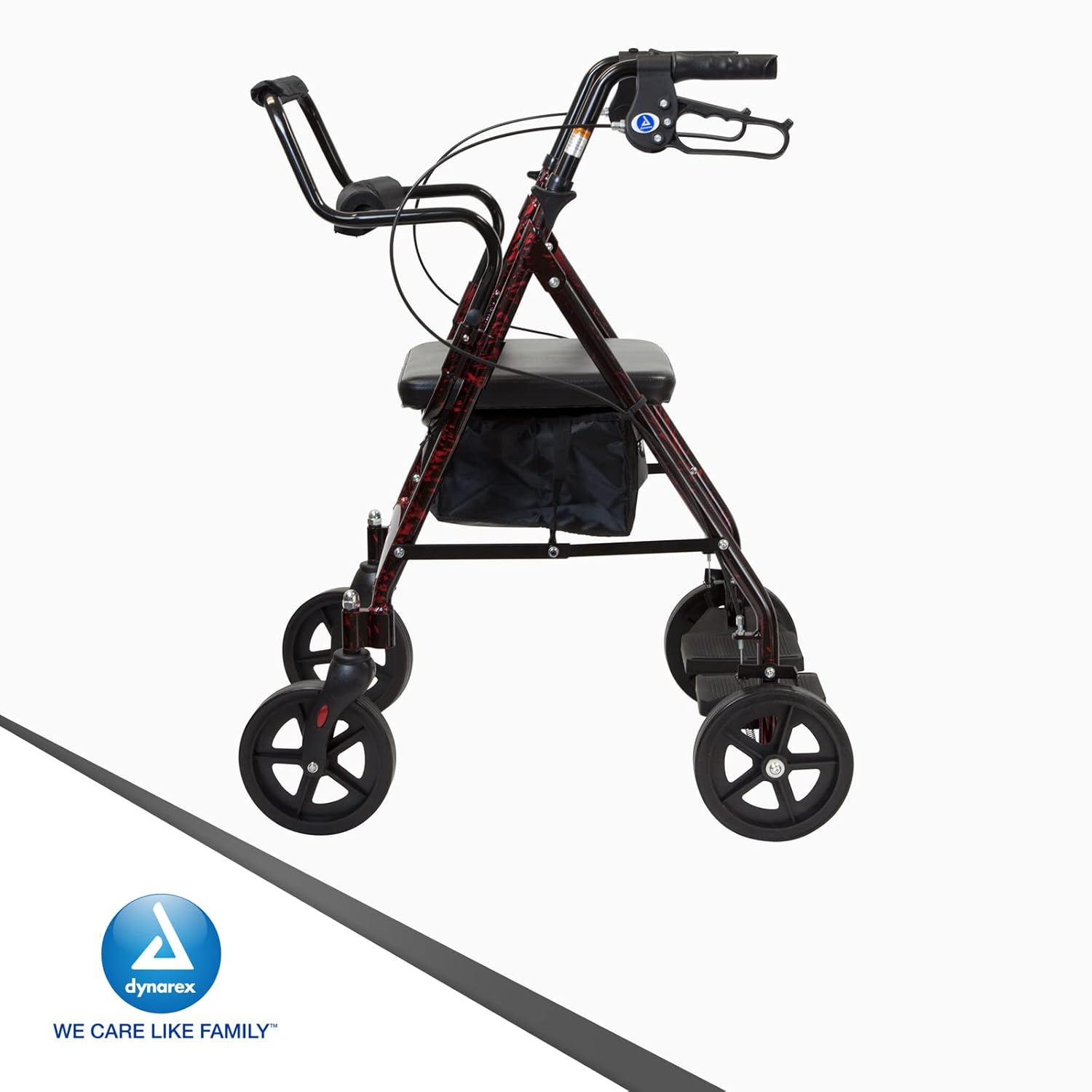 Dynarex DynaGo Duo Transport 4 Wheel Rollator - Stand-Up Rolling Walker and Seated Transport Wheelchair - Fold-Down Footrests, 300 lb. Weight Capacity, Red Frame, 1 Rollator