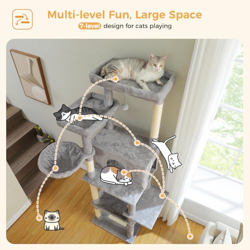 PAWZ Road Large Cat Tree, 73 Inches Tall Wooden Cat Tower with 2 Spacious Hammocks,2 Big Top Beds,8 Fully Scratching Posts and Natural Wood Posts, Multi Cat Tree for Indoor Cats Large Adult-XL
