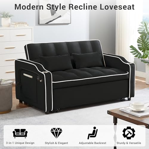 Convertible Couch, 3 in 1 Pull Out Sofa Bed with Adjustable Backrest Loveseat Sleeper with Storage and Pillows, Modern Recliner for Living Room Apartment Office, Pink
