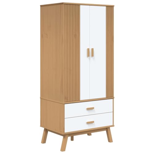 Wood Wardrobe Closet, Bedroom Armoire Closet, Solid Wood Wardrobe Armoire Closet Storage Cabinet with 2 Drawers and 1 Large Compartment, Gray and Brown 30.1"x20.9"x67.7"