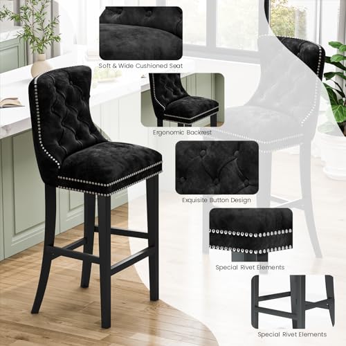 Recaceik Velvet Counter Height Bar Stools Set of 2, Upholstered Tufted Bar Stools with Back, 27" Kitchen Counter Stool for Island, High Back Kitchen Island Chairs for Home Bar, Dining Room(Blue)