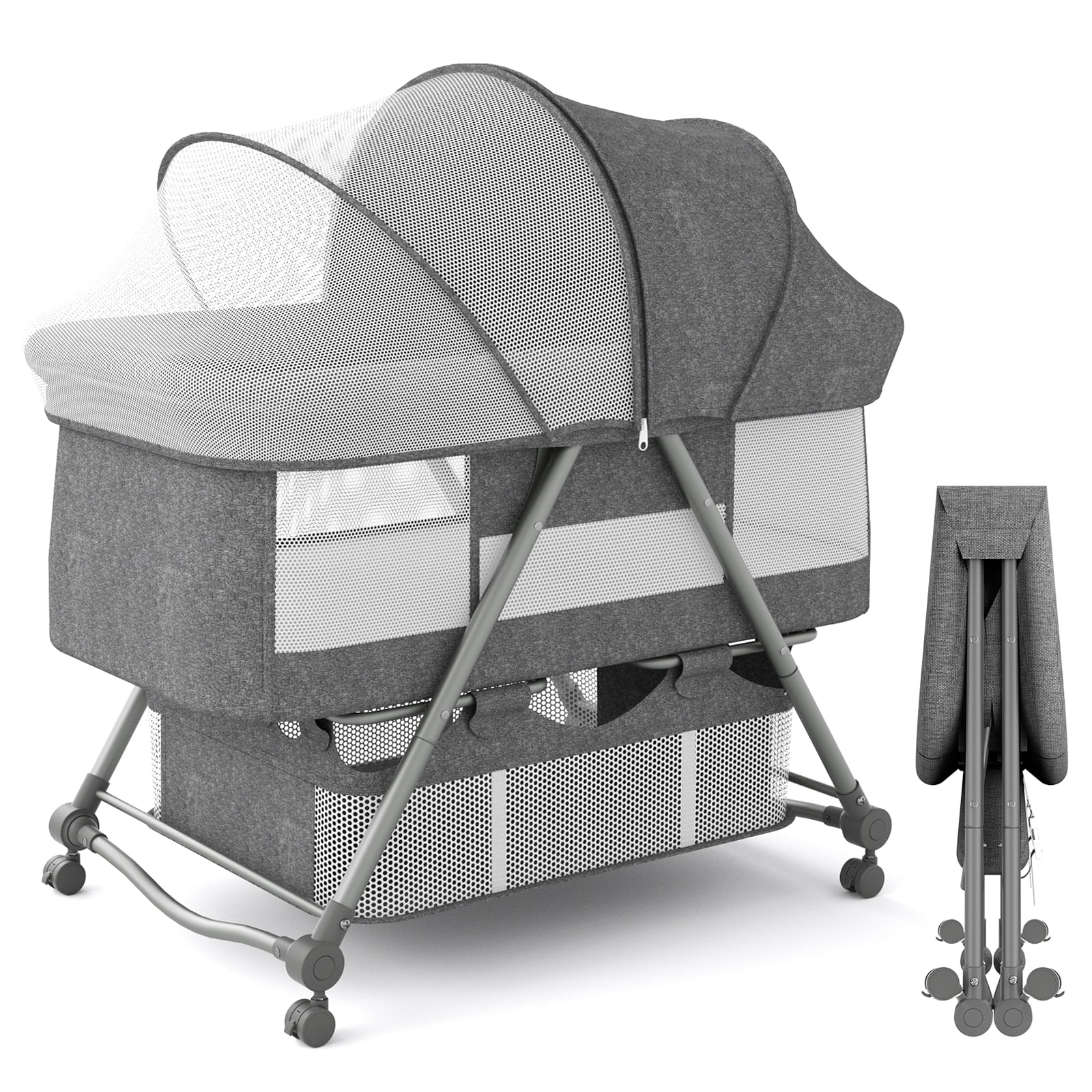 XJD Baby Bassinet Portable Folding Rocking Bassinet for Baby 2-in-1 Rocking Cradle Bassinet for Newborn Infant Crib Toddler Bassinet with Storage Basket, Travel Bag, Gray