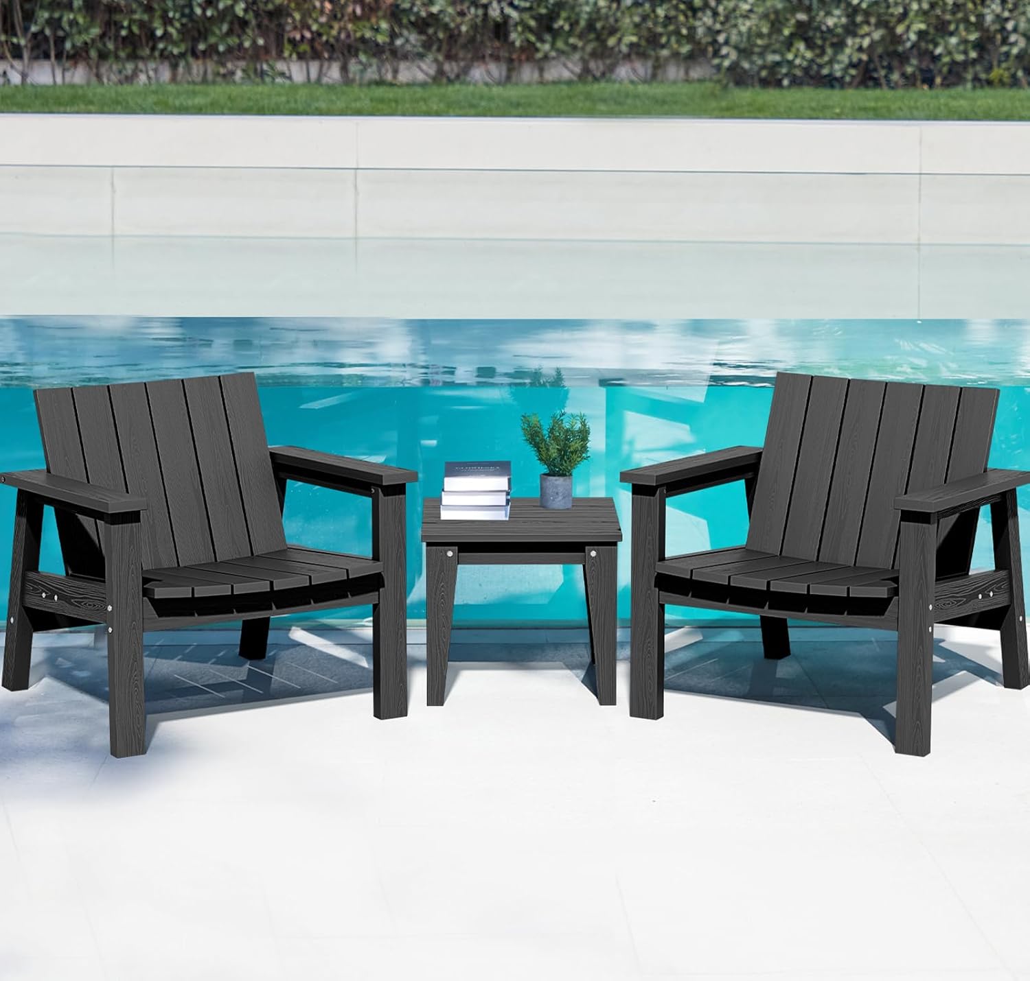 SERWALL 3 Piece Patio Bistro Set HDPE Adirondack Chair Sets with Side Table, includes Adirondack Chairs Set of 2 and 1 Adirondack Table for Patio, Lawn, Backyard- Black