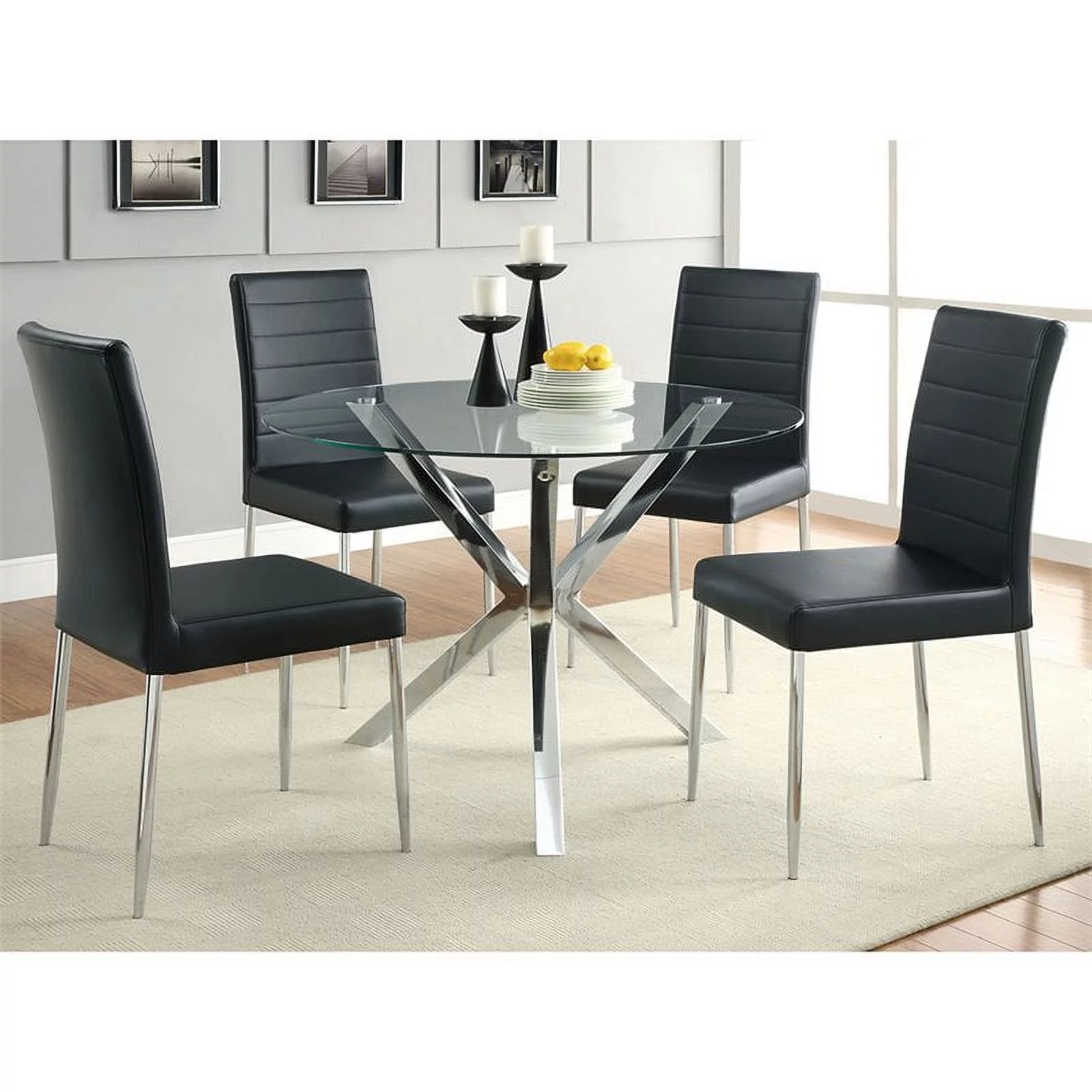 Home Square 5 Piece Set with Round Glass Top Dining Table and 4 Chairs in Cream