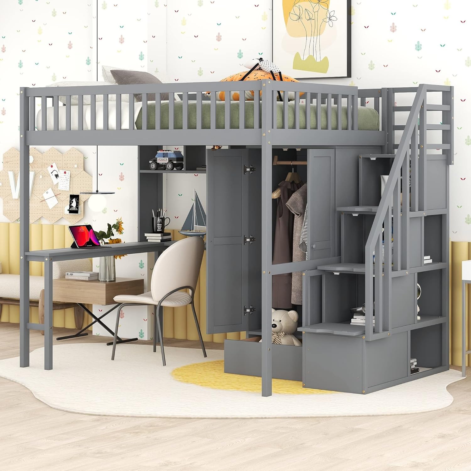 Harper & Bright Designs Full Size Loft Bed with Stairs, Desk, Bookshelf, Storage Drawers and Wardrobe, Solid Wood Loft Bed Frame for Kids Teens Adults (Gray)