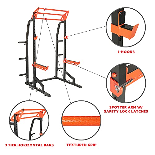 Sunny Health & Fitness Power Zone Half Rack Heavy Duty Performance Power Cage with J-Hooks, Adjustable Pull Up Bar Optional Bench with Dumbbell Rack, Premium Incline Bench, LAT Pull Down Attachment