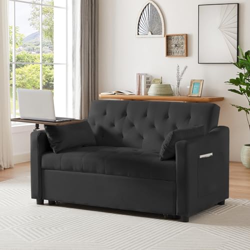 3 in 1 Convertible Sleeper Sofa Couch with Pull Out Bed,53" Velvet Futon Tufted Loveseat with Table&Reclining Back,Comfy 2 Seater Lounge Sofa for RV,Living Room,Bedroom,Small Space(Grey)