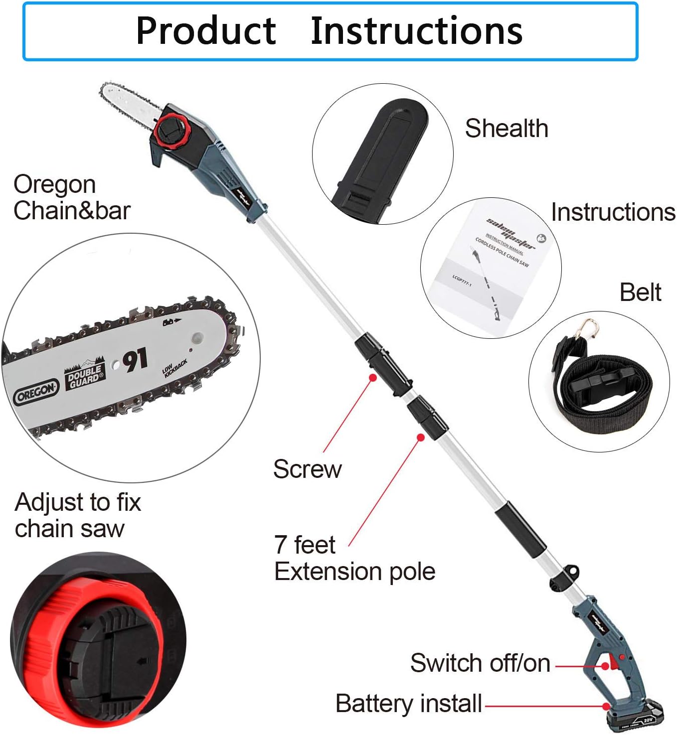 SALEM MASTER Pole Saw for Tree Trimming, Electric Telescopic Pole Chain Saw with Extension Up To 12 FT, 8-Inch Blade 20V Max Battery Powered Tree Trimmer