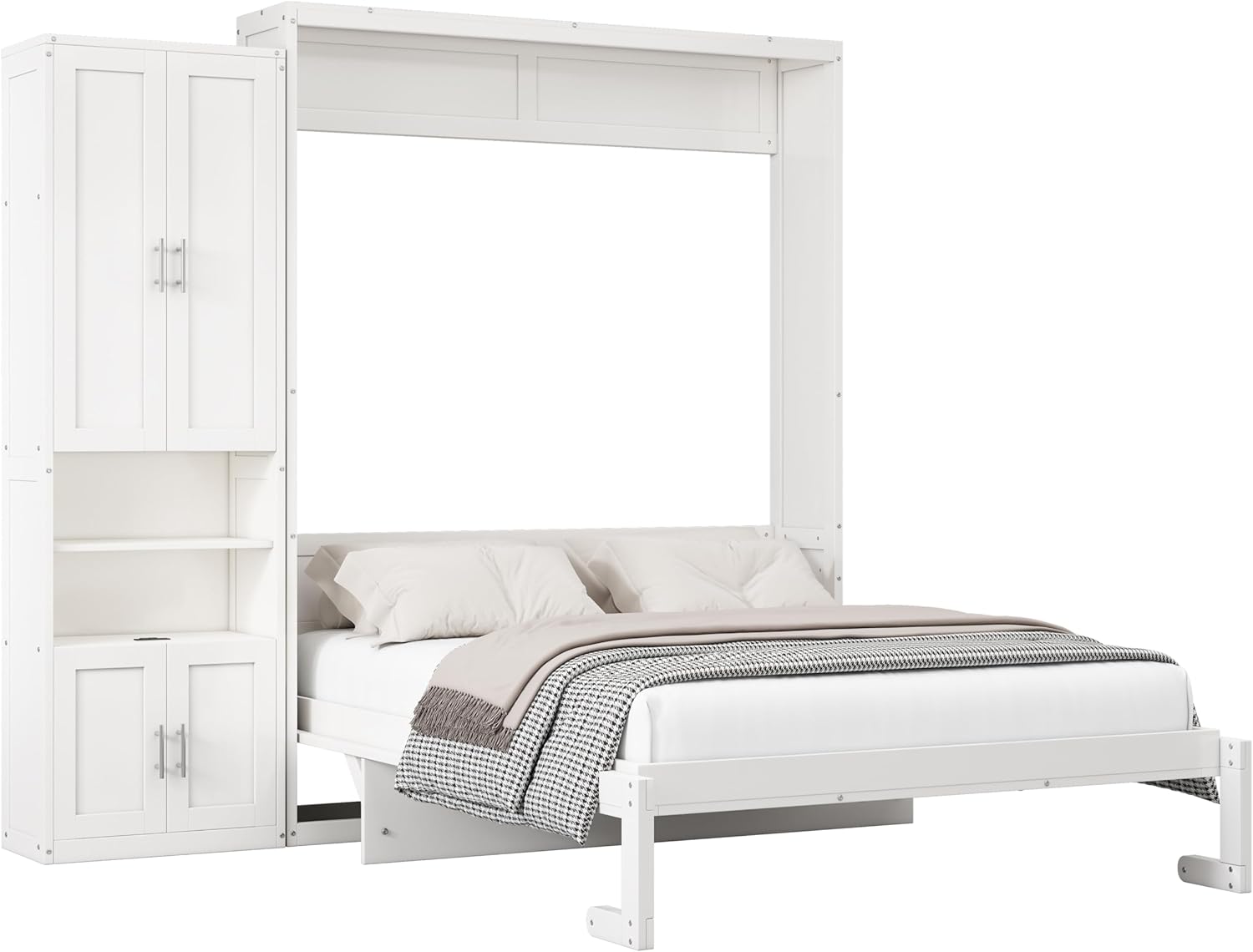 Queen Size Murphy Bed Chest with Desk and 1 Side Storage Cabinet Shelves, Solid Pine Wall Bedframe Foldable with USB Port, Space Saving, for Bedroom Living Room Guestroom, White