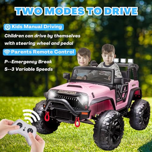 24V Electric Cars Vehicles Toys for Kids -2 Seater, 4x200W Powerful Wheels 4WD Ride on Truck Kids with 3 Speed Remote Control Spring Suspension, Bluetooth, MP3 Music, Soft Brake (Hot Pink)