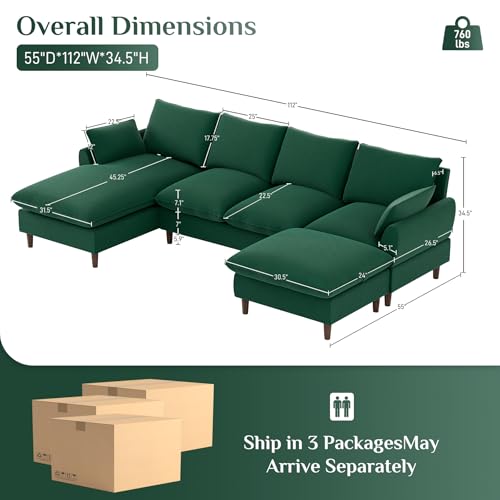 U Shaped Sectional Sofa Cloud Couch for Living Room, 112" Comfy Modular Deep Seat Couches, Oversized Fluffy Modern Chenille 6-Seater Sofa with Lounge Chaise Ottoman, Cream White