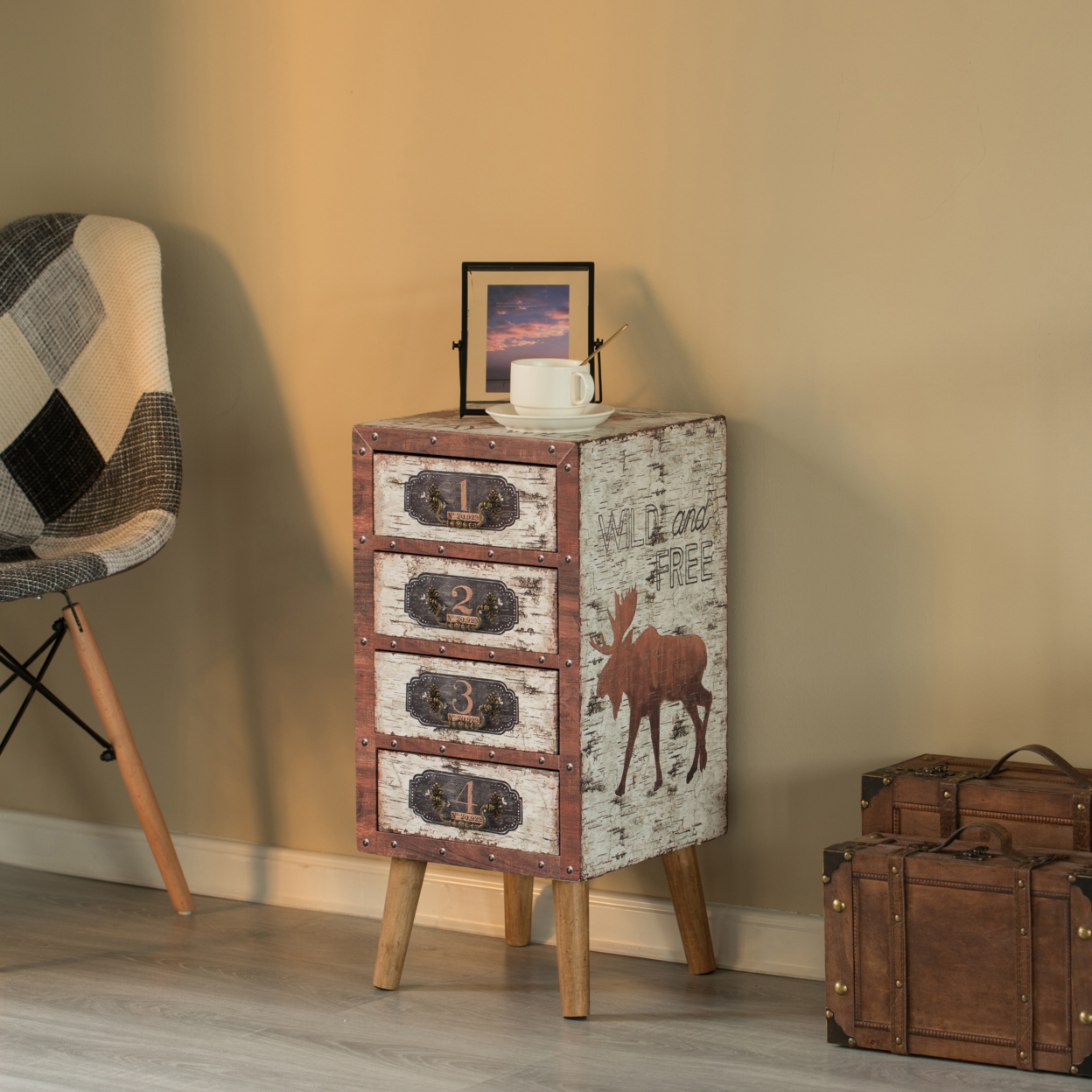 Antique Rustic Brown Wood Vintage Tallboy Chest with 4 Drawers and Legs