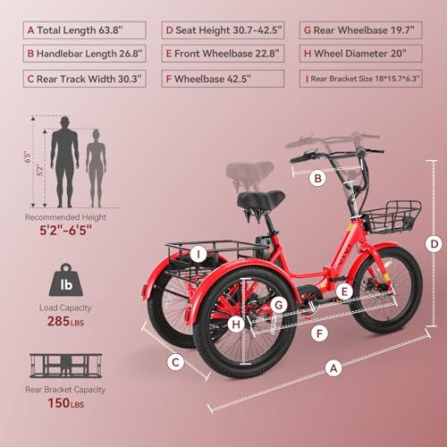 Vivi T01 20" x2.6 Fat Tire Electric Tricycle for Adults, 750W Peak 20'' Folding 3 Wheels Electric Bike, 95% Pre-Assembled, Speed Differential, 15.5MPH Eletric Trike with Bracket