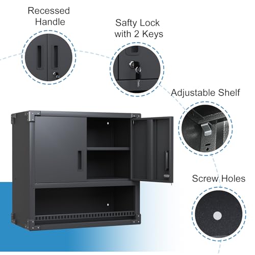 Garage Storage Cabinet Wall Cabinet with 2 Doors,Lockable Tool Cabinets Wall Mounted with Adjustale Shelves,Heavy Duty Steel Hanging Cabinets for Warehouse Kitchen Laundry,Assembly Required