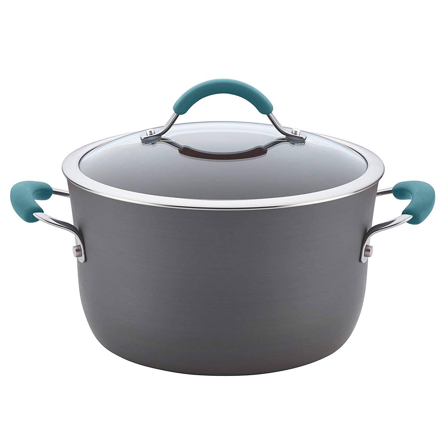 Rachael Ray Cucina 87641 12-Piece Cookware Set, Gray, Agave Blue Handles