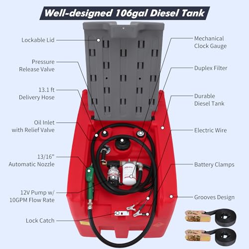 Portable Diesel Tank, 58 Gallon Fuel Tank w/ 12V Electric Fuel Transfer Pump, 10 GPM Diesel Transfer Tank with Auto Fueling Nozzle & 360° Swivel Connector w/ 13.1ft Hose, Black